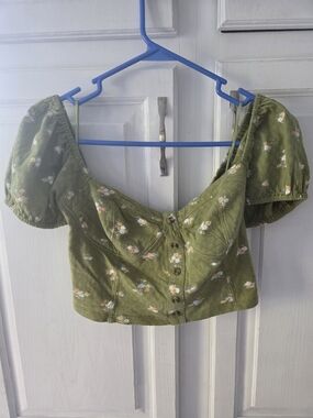 Billabong Olive Green Floral Puff-Sleeve Crop Top